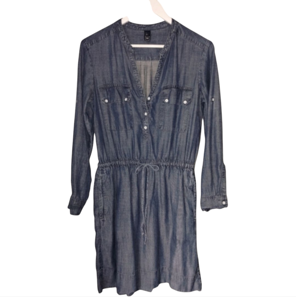 GAP Shirt Dress Pockets Chambray Utility Indigo Blue XS
